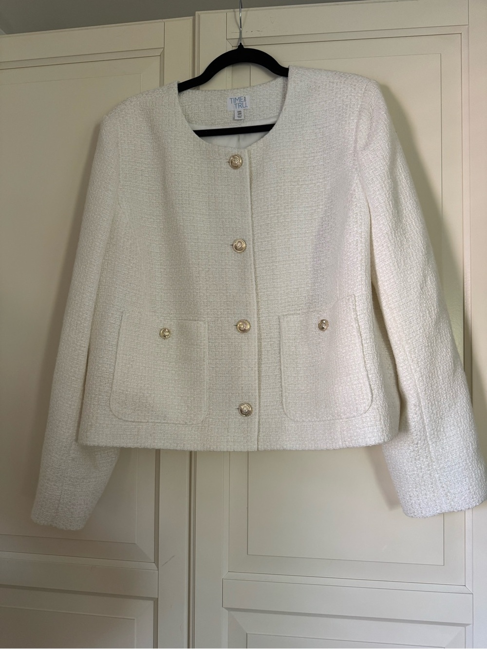 Time and Tru Ivory Tweed Round-Neck Jacket with Gold Buttons
